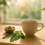 "A steaming cup of herbal tea beside fresh moringa leaves and a bowl of moringa powder, bathed in soft morning sunlight on a wooden table."