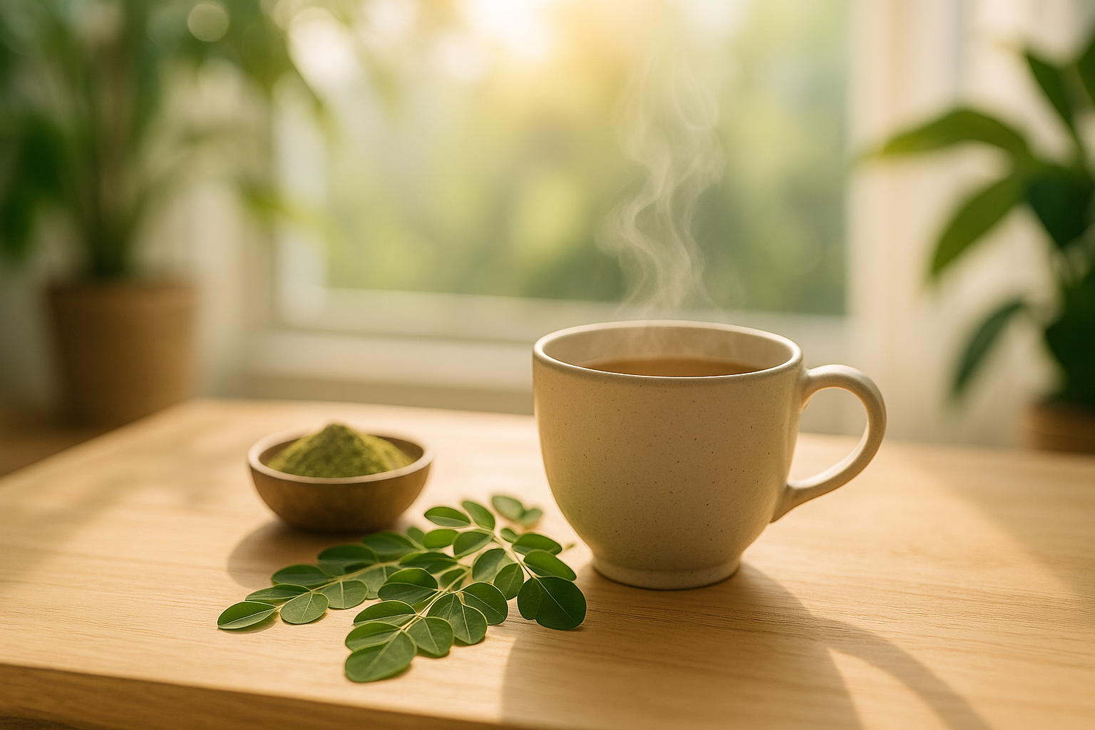 "A steaming cup of herbal tea beside fresh moringa leaves and a bowl of moringa powder, bathed in soft morning sunlight on a wooden table."