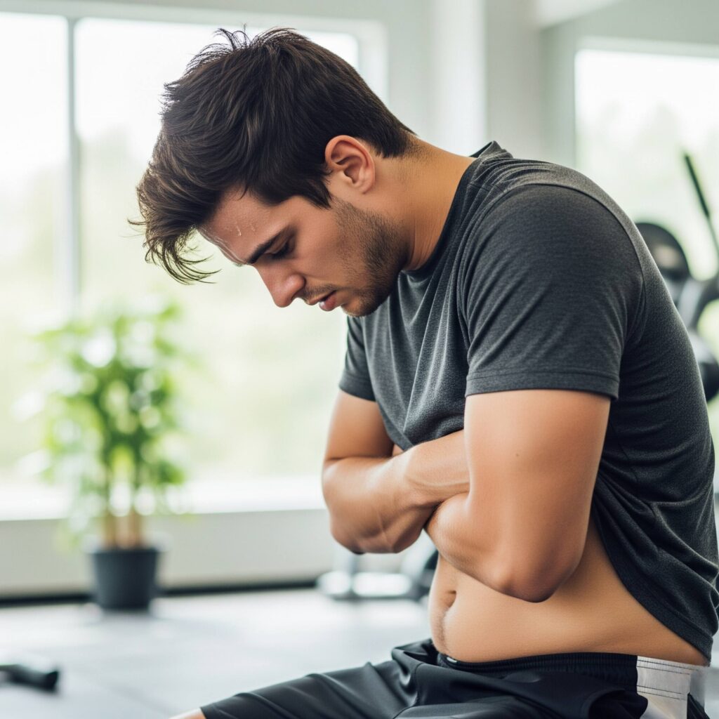 Frustrated young man struggling to lose belly fat despite exercise