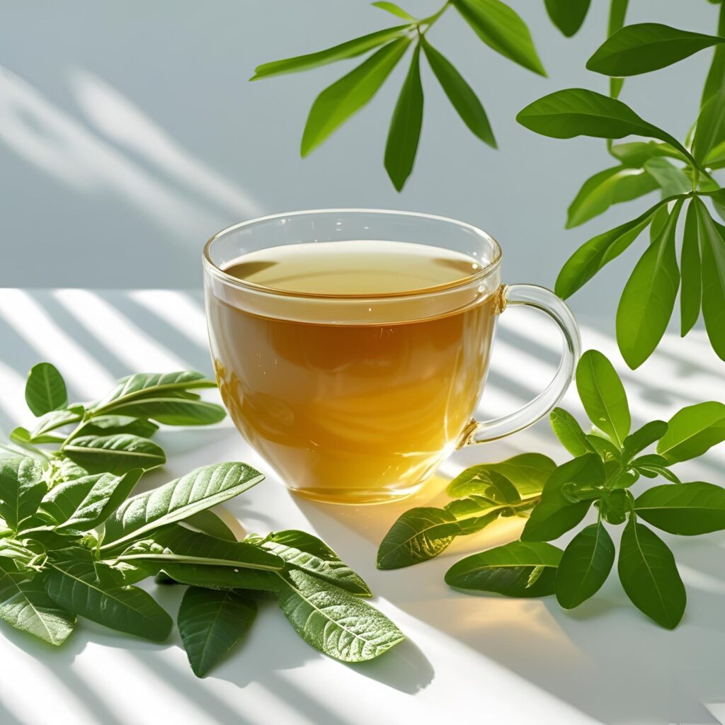 natural immune boosters including herbal tea, moringa leaves, and sunlight in a peaceful setting